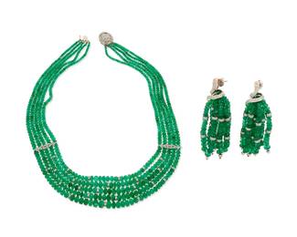 52
A 14K White Gold, Emerald and Diamond Necklace and Earring Set
Featuring graduated tiers of faceted emerald beads accented by round diamond rondelles
3 pieces

Length: 19 in., Earrings: 2 1/2 in.
119.5 grams gross
Estimate: $2,500 - $3,500