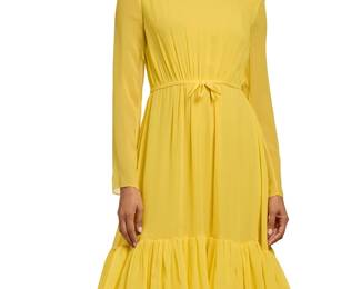 296
Giambattista Valli: A Yellow Silk Cocktail Dress
Circa 2020s, Italy
Label: Giambattista Valli / Paris / Made in Italy
The lemon yellow silk crepe georgette dress with a fitted gathered waist, long sleeves and a ruffle hem with gathered tulle inner layer, fully lined in yellow silk crepe, and with an invisible back zip

Size 42 IT / US 6-8
Measurements: CB length: 40 in.; bust across front: 18 in.; waist across front: 14 in.; sleeves: 24 1/2 in.
Estimate: $800 - $1,200