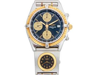 254
Breitling: A Stainless-Steel and Gold 'Chronomat' Watch
Dial: 30.00 mm, round black dial with baton hour markers and three subsidiary dials
Model:Chronomat
Case: 40.00 mm
Case number: D13047, 9934 serial
Closure: with bullet style stainless-steel bracelet with a butterfly clasp
Signed: dial, case and clasp, with original box

Inner circumference: 7 in.
163.2 grams gross
Estimate: $2,000 - $3,000