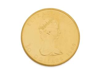 91
A 24K Gold Maple Leaf Coin
Featuring a Maple Leaf and Queen Elizabeth Portrait design, dated 1980

Measures: 1 1/4 x 1/4 in.
31.2 grams
Estimate: $3,000 - $5,000