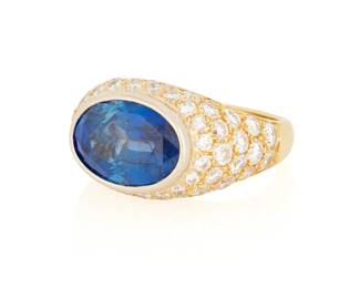 179
An 18K Gold, Sapphire and Diamond Ring
Featuring an oval modified brilliant-cut sapphire weighing approximately 5.50 carats, accented by round diamonds weighing approximately 2.15 carats

Size: 5 3/4
12.7 grams gross

Accompanied by a GIA Report numbered #6237663268, dated August 26, 2025, stating the Sapphire as natural Corundum of Sri Lankan origin with no clarity enhancements.
Estimate: $15,000 - $20,000