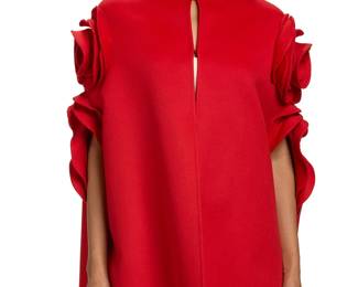 299
Valentino Garavani: A Red Cashmere/Wool Rosette Cape Jacket, 2023
Circa 2023, Italy
Label: Valentino / Made in Italy
The boxy red cashmere wool mix sleeveless cape jacket with sculptured fabric rose motifs to the shoulders and side arm openings, with round neck and covered hook and eye fastenings to the center front

Size 40 IT / 6 US
Measurements: CB length: 30 1/4 in.; across back shoulders: 18 in.; width at armholes at back: 32 in.
Estimate: $1,000 - $1,500