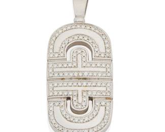 134
A 14K White Gold and Diamond Pendant
Of a geometric design set with round diamonds weighing approximately 1.36 carats, signed EMH4

Measures: 1 3/4 x 5/8 in.
11.2 grams gross
Estimate: $1,500 - $2,000