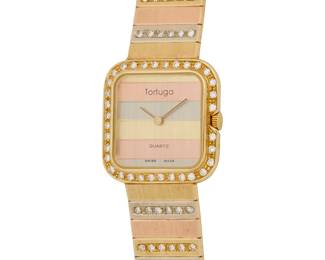 247
Tortuga: A 14K Tri-Color Gold and Diamond Watch
Dial: 16.00 mm, square tri-color gold diamond with no hour markers
Case: 24.00 mmm, encircled and accented by round diamonds weighing approximately 2.40 carats
Case number: 2001
Closure: tri-color gold bracelet with buckle clasp
Signed: dial

Inner circumference: 6 1/2 in.
47.7 grams gross
Estimate: $1,200 - $1,800