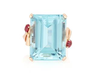 194
A 14K Rose Gold and Aquamarine Ring
Featuring an emerald-cut aquamarine weighing approximately 53.30 carats, accented by two oval ruby cabochons

Size: 7 1/2
22.5 grams gross
Estimate: $5,500 - $7,500
