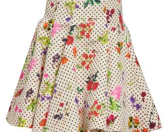 305
Oscar de la Renta: A Printed Silk Faille Floral Dotted Swing Skirt, 2014
Circa 2014, USA
Label: Oscar de la Renta
A below-the-knee paneled flared swing skirt in printed silk faille with polka dots and watercolor floral motifs, with a curved waistband, center back zip, all lined with silk organza, and a second silk slip lining with crinoline band to hem

Size 6
Measurements: CB length: 25 1/2 in.; waist across front: 14 1/2 in.; hips across back: 19 1/2 in.
Estimate: $300 - $500