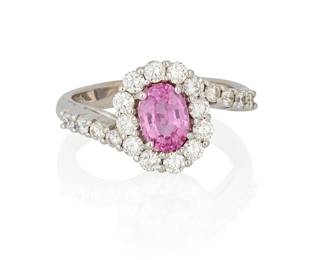 116
An 18K White Gold, Pink Sapphire and Diamond Ring
Centering an oval pink sapphire weighing approximately 1.11 carats, encircled by round diamonds weighing approximately 0.60 carat

Size: 6 1.2
5.75 grams gross
Estimate: $1,500 - $2,500
