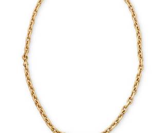 60
An 18K Gold Chain with an 18K Gold, Rubellite and Cultured Pearl Pendant by Joan Boyce
Including a brush finish oval link chain, suspending a Maltese cross style pendant centering a round rubellite tourmaline cabochon, accented by tsavorite garnets and four cultured pearls, signed JBS

Chain: 34 in., Pendant: 2 x 1 1/4 in.
105.3 grams
Estimate: $7,000 - $10,000