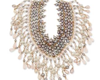 96
A 14K Gold, Cultured Pearl and Rose Quartz Necklace
Of a multi-rowed design featuring colored cultured pearls, and faceted rose quartz drop beads

Measures: 14 in.
165.4 grams gross
Estimate: $2,000 - $3,000