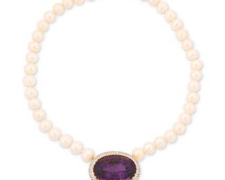 103
A Gold, Amethyst, Cultured Pearl and Diamond Necklace
Featuring a single strand of cultured pearls measuring approximately 9.50 mm, centering an oval amethyst weighing approximately 55.30 carats, encircled by round diamonds weighing approximately 1.30 carats

Length: 16 in., Pendant: 1 1/2 x 1 1/8 in.
80.0 grams gross
Estimate: $3,200 - $4,800