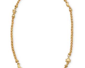 57
Joan Boyce: An 18K Gold and Gem-Set Celestial Necklace
Featuring celestial inspired links set with sapphire, ruby and emerald cabochons accented by round diamonds, signed JBS

Length: 30 in.
92.5 grams
Estimate: $6,000 - $8,000