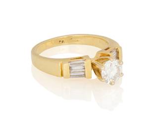 22
A 14K Gold and Diamond Ring
Centering a round diamond weighing approximately 0.75 carat, accented by tapered baguette diamonds

Size: 6 1/2
4.5 grams gross
Estimate: $2,500 - $3,500

