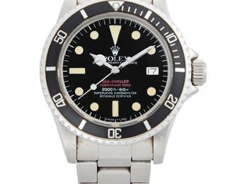 261
Rolex: A Stainless-Steel 'Submariner 2000 Double-Red' Watch, 1977
Dial: 30.00 mm, round black dial with Diver hour markers
Model: Submariner 2000 Double-Red
Case: 40.00 mm
Number: 1570 movement, 5034398 serial, 1665
Closure: stainless-steel bracelet with deployment clasp
Signed: dial, case, movement and clasp, with original pouch

Inner circumference: 7 in.
129.1 grams gross
Estimate: $20,000 - $30,000