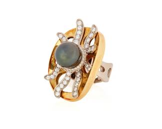 100
An 18K Gold, Colored Cultured Pearl and Diamond Ring
Of an organic design featuring a splatter motif accented by round diamonds centering single black pearl measuring approximately 10.80 mm

Size: 6 3/4
23.2 grams gross
Estimate: $2,500 - $3,500