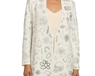 283
Libertine: A Diamanté White Jacket "Avec Des Images Vagues"
Circa 2010s, Los Angeles, CA
Label: Libertine / Hand Made America / Johnson Hartig
The longline likely wool mix twill slightly fitted open-front coat with in-seam pockets, with various applied diamanté motifs and including skulls, anchors, starbursts, and others, with a white likely acetate-mix twill lining

Size S
Measurements: CB length: 36 in.; across shoulders at back: 15 1/2 in. ; sleeves: 24 1/2 in.
Estimate: $800 - $1,200