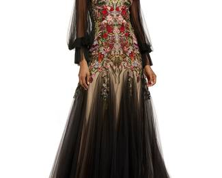 289
Alexander McQueen: A Black Tulle Gown with Floral Embroidery, 2012
Circa 2012, Italy
Label: Alexander McQueen / Made in Italy
A long dress in black tulle with multicolored floral and red ribbon embroidery to fitted bodice, extending to a double layer multipaneled nylon tulle flared skirt, and featuring an off-the-shoulder ruffled elasticated neckline, gathered silk tulle short sleeves with buttoned cuffs, a nude acetate/silk mix two-layer lining, a concealed center back zipper, and raw edge hem

Size 42 IT / US 6
Measurements: CB length: 60 in. approximately; bust across front: 16 in.; waist across front: 15 in.; hips across front: 20 in.; sleeves: 20 in. L (from neckline); sleeve circumference buttoned: 8 1/2 in.
Estimate: $1,200 - $1,800