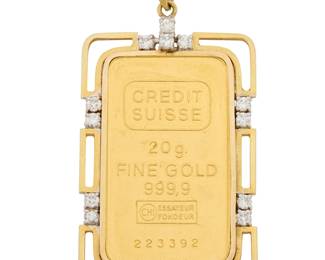 86
A Gold Suisse Credit Pendant
Featuring a 20g 24k gold Suisse Credit set in an ornate 14k gold frame accented by round diamonds weighing approximately 0.45 carat

Measures: 2 x 1 in.
25.2 grams gross
Estimate: $2,000 - $3,000