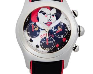 251
Coram: A Stainless Steel 'Joker' Watch
Dial: 35.00 mm, round with a Joker motif and square hour marks, finished with three subsidiary dials and a bubble crystal
Model:498/777
Case: 47.00 mm
Case number: 285-240-20, 754509 serial
Closure: black and red leather strap with a butterfly clasp
Signed: dial and case, with box and papers

Inner circumference: 7 in.
150.4 grams gross
Estimate: $1,000 - $1,500