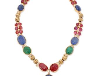 178
A 14K Gold, Gem-Set and Diamond Necklace
Featuring oval cabochons of sapphire, emerald and ruby accented by round diamonds weighing approximately 2.50 carats

Length: 16 3/4 in.
114.5 grams gross
Estimate: $6,000 - $8,000