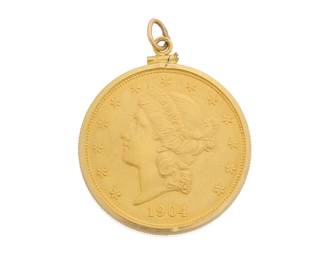 83
A Gold Coin Pendant
Featuring a liberty Head $20-dollar 22k gold coin dated 1904, set in a 14k gold frame

Measures: 1 3/4 x 1 3/8 in.
35.9 grams
Estimate: $2,500 - $3,500