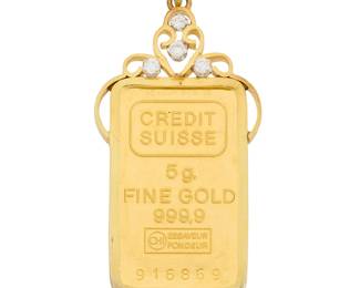 87
A Gold Suisse Credit Pendant
Centering a 5g 24k gold Suisse Credit, no. 916869 set in a 14k gold frame accented by round diamonds

Measures: 1 1/2 x 5/8 in.
7.2 grams
Estimate: $600 - $800