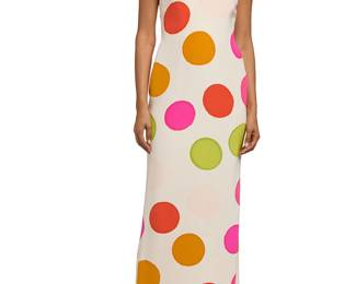 302
Bill Blass: A Dotted Silk Evening Gown
Circa Spring 1994, USA
Labeled for Bill Blass
A fitted sleeveless cut out long dress with exaggerated apron-style neckline, in crream silk faille with large multicolored polka dots overall, with tapered hem to back, silk lining, boning to bodice, and invisible back zip

Size 8
Measurements: CB length: to waist: 17 in, to hem: 59 1/2 in.; bust across front: 18 in.; waist across front: 16 in.; hips across front: 19 1/2 in.; inner boning fixed waistband: 26 1/2 in.
Estimate: $700 - $900