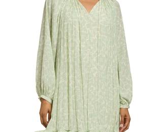 295
Lanvin: A Green Print Swing Dress
Circa 2010s
Label: Lanvin Paris
The pale green and cream print polyester mini dress with long raglan sleeves gathered into the front tie neckline, partially lined in cream fabric, and featuring crinoline "bubble" ruffles at the hem

Size S
Measurements: CB length: 36 in.; bust across front: 27 in.; neckline length: 16 1/2 in.; sleeves from shoulder: 29 in.
Estimate: $700 - $900