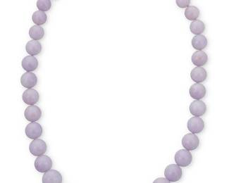 26
A 14K Gold and Lavender Jade Necklace
A single strand of graduated lavender jade beads measuring approximately 11.50 -17.30 mm, finished with a satin gold clasp set with round diamonds

Length: 22 in.
209.0 grams gross

Accompanied by a GIA Report numbered #2235716002, dated September 19, 2025, stating the Jadeite as natural with no dye or impregnation detected - 'A' jade.
Estimate: $6,000 - $8,000