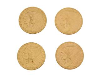 89
Four Gold Coins
Four $2 1/2- dollar Indian Head 22k gold coins
4 pieces

Measures: 3/4 in.
16.7 grams gross
Estimate: $2,000 - $3,000