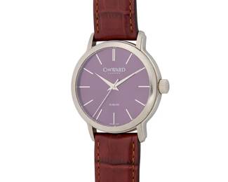 245
Christopher Ward: A Stainless-Steel watch
Dial: 33.00 mm, round purple dial with baton hour markers
Case: 40.00 mm, with skeleton back
Case number: 02/100
Closure:brown leather strap with stainless-steel buckle clasp
Signed: dial and clasp

Inner circumference: 7 - 9 in.
62.3 grams gross
Estimate: $300 - $500