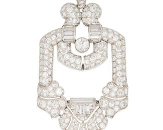169
An Art Deco Platinum and Diamond Pendant
Of an ornate design featuring round and baguette diamonds weighing approximately 9.50 carats

Measures: 3 x 1 1/2 in.
16.9 grams gross
Estimate: $7,000 - $10,000