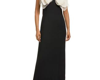 281
Isaac Mizrahi: A Black and Cream Bow Front Gown
Circa 2011, USA
Label: Isaac Mizrahi / New York
A long fitted black wool mix dress with a cream tulle and silk organza layered bow with picot edging, narrow cap-style set-in sleeves, back zip, and a black silk lining with center black split

Size 6
Measurements: back length from shoulder: 60 in.; bust across front: 17 1/2 in.; waist across front: 16 in.; hips across front: 18 in.; back split: 22 1/4 in.
Estimate: $1,000 - $1,500