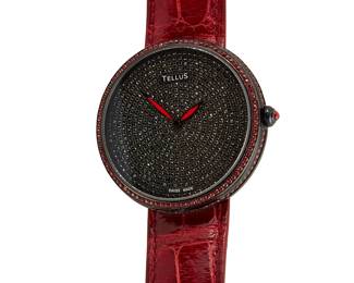 249
Tellus: A Blackened Stainless-Steel and Black Diamond 'Diamante' Watch
Dial: 32.00 mm, Round dial set with rows of black diamonds, encircled by round red stones
Case: 38.00 mm, T1782
Number: 822709018 serial
Closure: red leather strap with blacked stainless-stee buckle clasp
Signed: dial and case

Inner circumference: 6 1/2- 8 in.
53.2 grams gross
Estimate: $3,000 - $5,000
