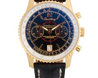 252
Breitling: An 18K Gold 'Mont Brilliant' Watch
Dial: 40.00 mm, round black dial with baton hour markers
Model: Mont Brilliant
Case: 42.00 mm
Number:  126/250, H48330, 2083055
Closure: black leather strap with 18k gold deployment clasp
Signed: dial, case and clasp, with original box

Inner circumference: 7 1/2 in.
148.2 grams gross

l
Estimate: $5,000 - $7,000