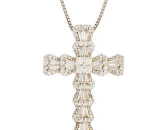 218
A Gold and Diamond Cross Necklace
Featuring 18k white gold cross set with round and tapered baguette diamonds weighing approximately 2.30 carats suspended from a 14k white gold chain

Chain: 21 in., Pendant: 1 1/2 x 1 in.
13.4 grams gross
Estimate: $2,000 - $3,000
