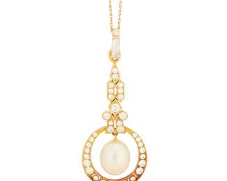106
A 14K Gold, Cultured Pearl and Diamond Pendant
Centering a drop cultured pearl measuring approximately 10.36 x 9.11mm suspended from an ornate frame accented by round diamonds weighing approximately 1.00 carat

Chain: 18 in.: Pendant: 2 in.
5.29 grams gross

Accompanied by a GIA Report numbered #2231779589, dated November 8, 2025, stating the Pearl as natural Bead Cultured Saltwater Pinctada species, Light Cream
Estimate: $1,500 - $2,000