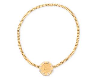82
A Gold Coin and Diamond Necklace
Featuring a 22k gold $2 1/2-dollar Indian head coin, dated 1928, set in a geometric 18k gold frame accented by tapered baguette diamonds finished with an 18k gold curb link chain

Chain: 14 1/2 in., Pendant: 1 x 1 in.
30.0 grams
Estimate: $2,000 - $3,000