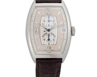 250
Franck Mueller: A Stainless-Steel 'Master Banker' Watch
Dial: 25.00 mm, rectangular curved side dial with Panerai hour markers, with two subsidiary dials
Model: Master Banker
Case: 32.00 mm
Case number: 38, 5852MB
Closure: leather strap with a stainless-steel buckle clasp
Signed: dial and case, with signed box

Inner circumference: 6 1/2 - 8 in.
61.8 grams gross
Estimate: $3,000 - $5,000