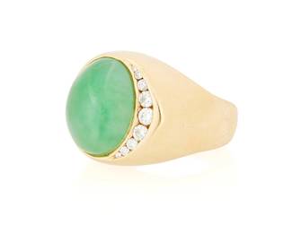 28
A 14K Gold, Jadeite Jade and Diamond Ring
Centering an oval jadeite jade double cabochon measuring approximately 17.16 x 13.75 x 9.48 mm, accented on one side by round graduated diamonds weighing approximately 0.40 carat

Size: 12
20.2 grams gross

Accompanied by a Mason-Kay Report numbered #251106-2029, dated November 6, 2025, stating the jade as natural jadeite with no dye or impregnation detected - 'A' jade.
Estimate: $2,000 - $3,000