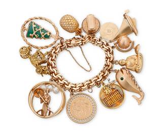 79
A Gold and Gem-Set Charm Bracelet
Suspending twelve gold and gem-set charms featuring a whale, an aventurine Christmas tree, a sailboat and a carriage

Length: 6 in., Charms: 3/4 - 1 1/2 in.
149.5 grams gross
Estimate: $10,000 - $15,000