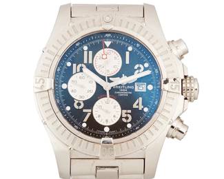 253
Breitling: A Stainless-Steel Chronograph Wristwatch
Dial: 36.00 mm round dial with Arabic numerals, with 3 subsidiary dials
Case: 48.00 mm
Case number: A13370
Closure: stainless-steel strap with folding clasp
Signed: accompanied with signed box

Inner circumference: 6 1/2 in.
245.6 grams gross
Estimate: $2,500 - $3,500