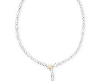 119
A Platinum, 18K White Gold, Fancy Yellow Diamond and Diamond Necklace
Centering a pear modified brilliant-cut Fancy Yellow diamond weighing 1.09 carats accented by a half chain of graduated round diamonds and a half chain of graduated pear-shaped diamonds weighing approximately 19.00 carats total

Length: 16 in.
34.6 grams gross

Accompanied by a GIA Report numbered #1443421176, dated October 13, 2022, stating the diamond as Natural Fancy Yellow with a clarity grade of Internally Flawless, medium blue fluorescence.
Estimate: $15,000 - $20,000