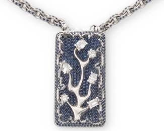 128
An 18K White Gold, Sapphire and Diamond Tree Necklace
Featuring a central pendant encapsulating a tree motif set with six oval, pear-shaped, baguette and princess-cut diamonds weighing approximately 2.10 carats, suspended from an oval link chain set with round sapphires

Length: 22 in. Pendant: 1 7/8 x 1 in.
79.8 grams gross
Estimate: $8,000 - $12,000