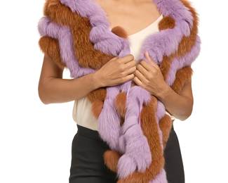 298
Etro: A Lilac Purple and Orange Fur Scarf
Circa 2010s, Italy
Label: Etro / Milano
A long scarf of alternating zigzag stripes of lilac and russet fox fur, applied to a backing of lilac silk crepe

Measurements: 70 in. x 10 in.
Estimate: $100 - $200