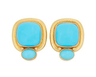 12
Elizabeth Locke: A Pair of 18K Gold and Turquoise Earrings
Featuring square and oval turquoise cabochons, signed with makers mark
2 pieces

Measures: 1 x 3/4 in.
19.7 grams gross
Estimate: $1,500 - $2,500