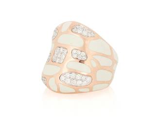 222
Alexis NY: An 18K Rose Gold, Silver, Enamel, Gold, and Diamond Ring
Featuring organic motifs of cream-colored enamel, accented by silver elements set with round diamonds, signed Alis N.Y., 052523

Size: 6 3/4
18.9 grams gross
Estimate: $2,500 - $3,500
