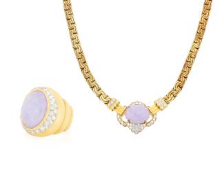 25
An 18K Gold, Lavender Jade and Diamond Necklace and Ring Set
Including a fancy flat link chain centering an oval lavender jade cabochon accented by round diamonds together with a ring centering an oval lavender jade cabochon encircled by round diamonds
2 pieces

Ring: 5, Necklace: 18 in.
57.7 grams gross

Accompanied by a Mason-Kay Report numbered #251106-4100, dated November 6, 2025, stating the jade as natural jadeite with no dye or impregnation detected - 'A' jade.

Accompanied by a Mason-Kay Report numbered #251106-1671, dated November 6, 2025, stating the jade as natural jadeite with no dye or impregnation detected - 'A' jade.
Estimate: $4,000 - $6,000