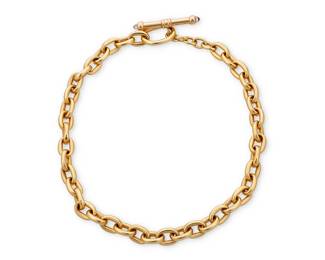 183
An 18K Gold and Amethyst Necklace
Featuring large oval links finished with a gold and amethyst cabochon toggle clasp

Length: 16 in., Width: 3/8 in.
76.9 grams gross
Estimate: $5,000 - $7,000