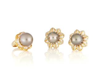 95
An 18K Gold, Colored Cultured Pearl and Diamond Ring and Earring Set
Featuring grey cultured pearls measuring approximately 12.33 -14.00 mm, accented by baguette diamonds weighing approximately 2.40 carats total

Ring: 4, Earrings: 3/4 in.
29.3 grams gross
Estimate: $2,000 - $3,000