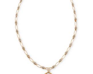 173
An 18K Gold and Diamond Pendant Necklace
Featuring a marquise-shaped link chain accented by round diamonds suspending an oval style pendant featuring a foliate motif set with round diamonds, estimated total diamond weight 3.75 carats, with French assay marks

Chain: 24 1/4 in., Pendant: 2 1/4 x 1 3/4 in.
64.1 grams gross
Estimate: $12,000 - $18,000